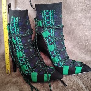 Patterned Green and Black Ankle Boots. New Without Tag